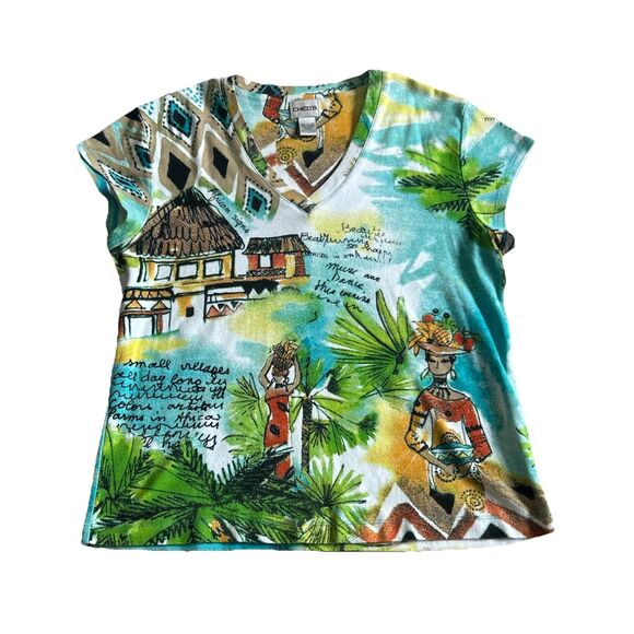 Chico's Tops - Chico's Shirt Womens Large 2 African Short Sleeve V-Neck Cotton Artsy Art Print
